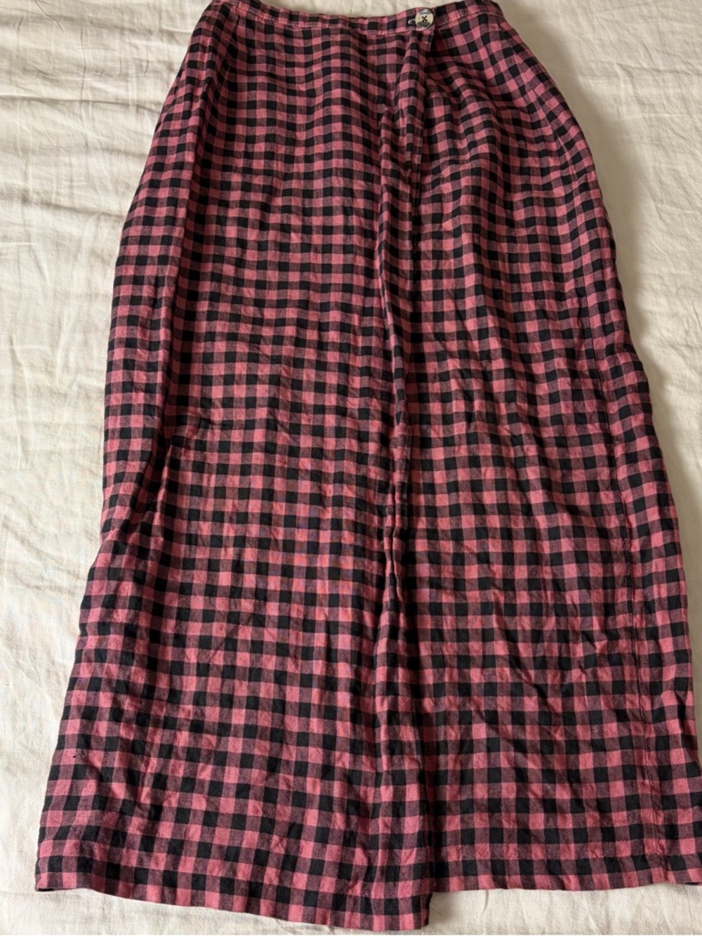 VTG LAURA ASHLEY 100% Linen Pink Black Gingham Cottagecore Wrap Maxi Skirt XS